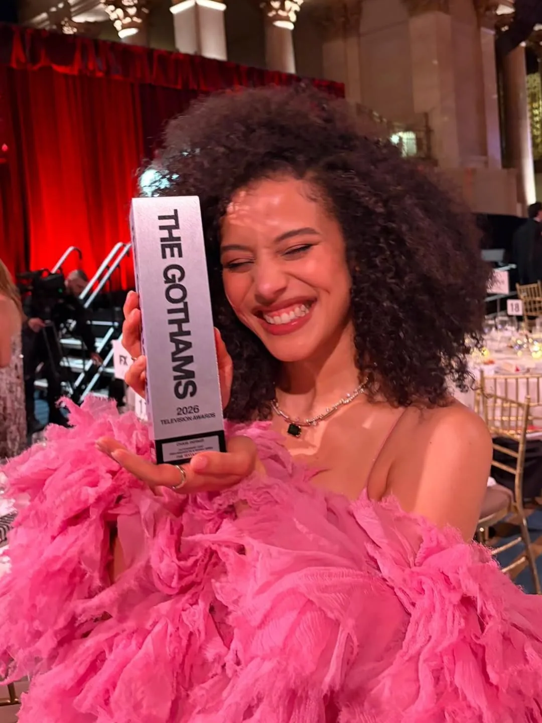 Chase Infiniti winning at the Gotham TV Awards 2026 for The Testaments