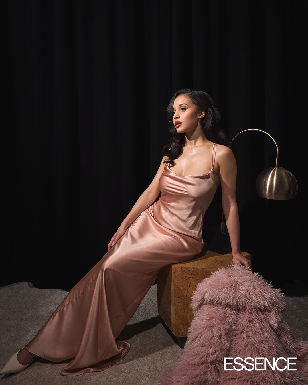 Chase Infiniti in pink satin slip dress